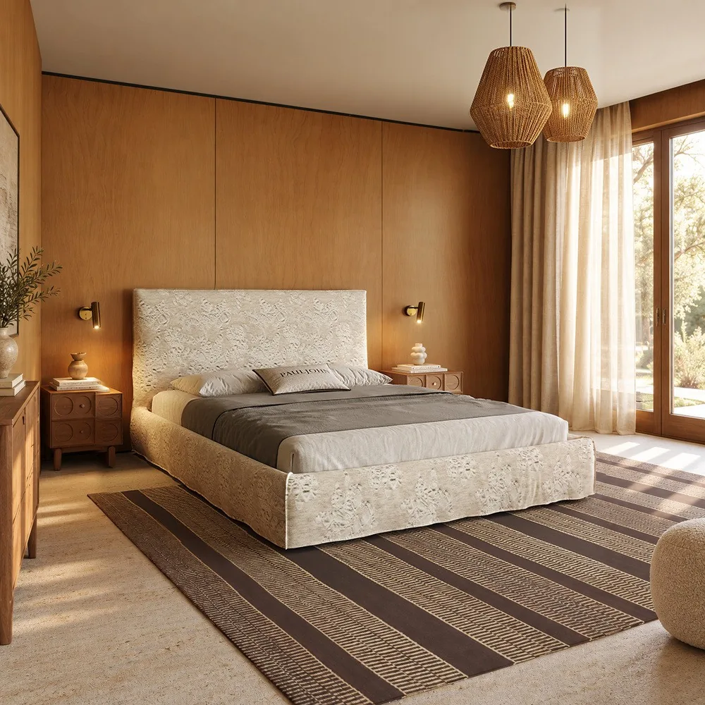 High-Back Linen Bed with Embossed Magnolia Pattern in oatmeal — front view