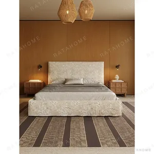 High-Back Linen Bed with Embossed Magnolia Pattern in oatmeal — in a room setting