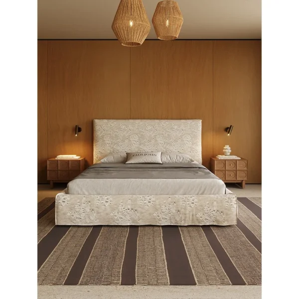 High-Back Linen Bed with Embossed Magnolia Pattern in oatmeal — in a room setting