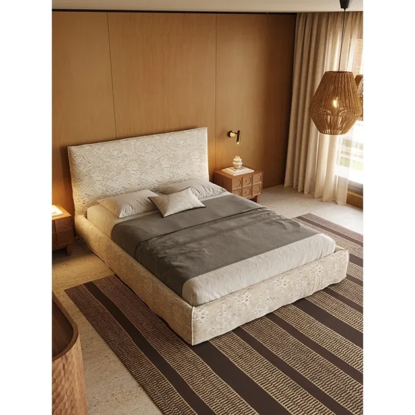 High-Back Linen Bed with Embossed Magnolia Pattern in oatmeal — in a room setting