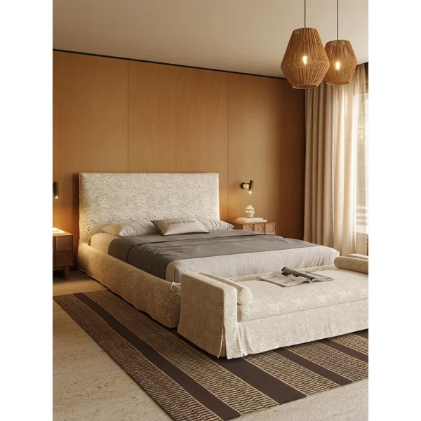 High-Back Linen Bed with Embossed Magnolia Pattern in oatmeal — in a room setting