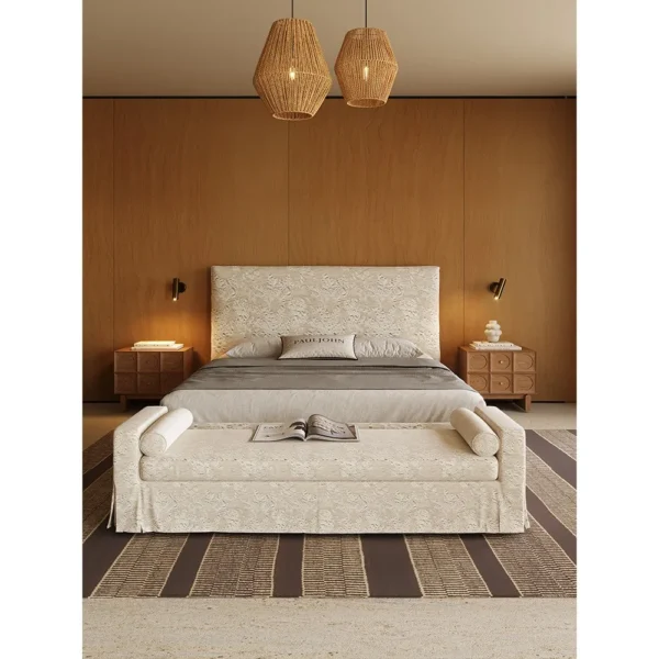 High-Back Linen Bed with Embossed Magnolia Pattern in oatmeal — in a room setting
