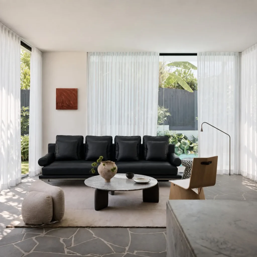 High-Leg Sofa in Black Leather with Cylinder Arms on Slim — front view