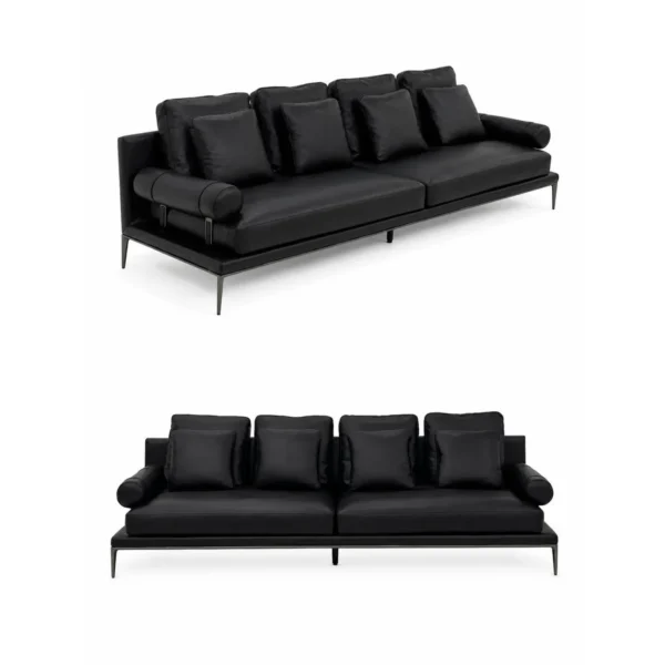 High-Leg Sofa in Black Leather with Cylinder Arms on Slim — in a room setting
