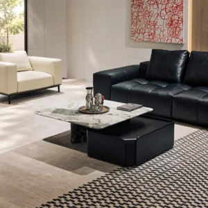 High-Low Grey Marble Coffee Table with Leather Storage Box in slate — front view