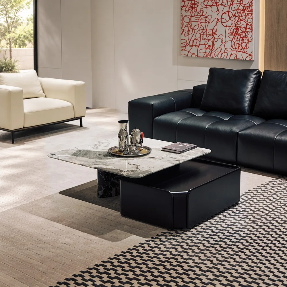 High-Low Grey Marble Coffee Table with Leather Storage Box in slate — front view