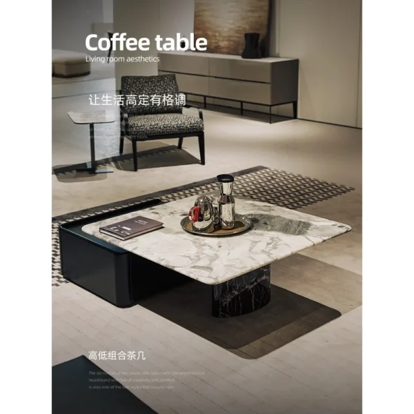 High-Low Grey Marble Coffee Table with Leather Storage Box in slate — in a room setting