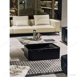 High-Low Grey Marble Coffee Table with Leather Storage Box in slate — in a room setting