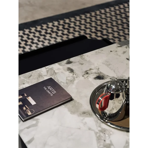 High-Low Grey Marble Coffee Table with Leather Storage Box in slate — in a room setting