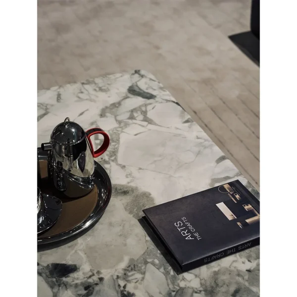 High-Low Grey Marble Coffee Table with Leather Storage Box in slate — in a room setting