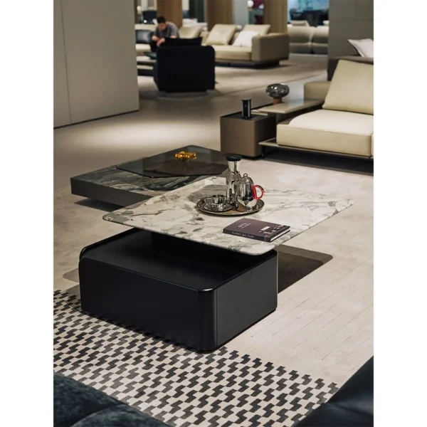 High-Low Grey Marble Coffee Table with Leather Storage Box in slate — in a room setting