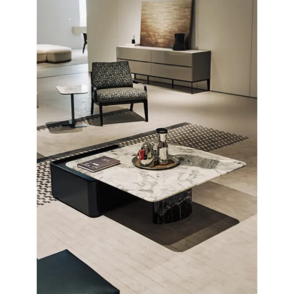 High-Low Grey Marble Coffee Table with Leather Storage Box in slate — in a room setting