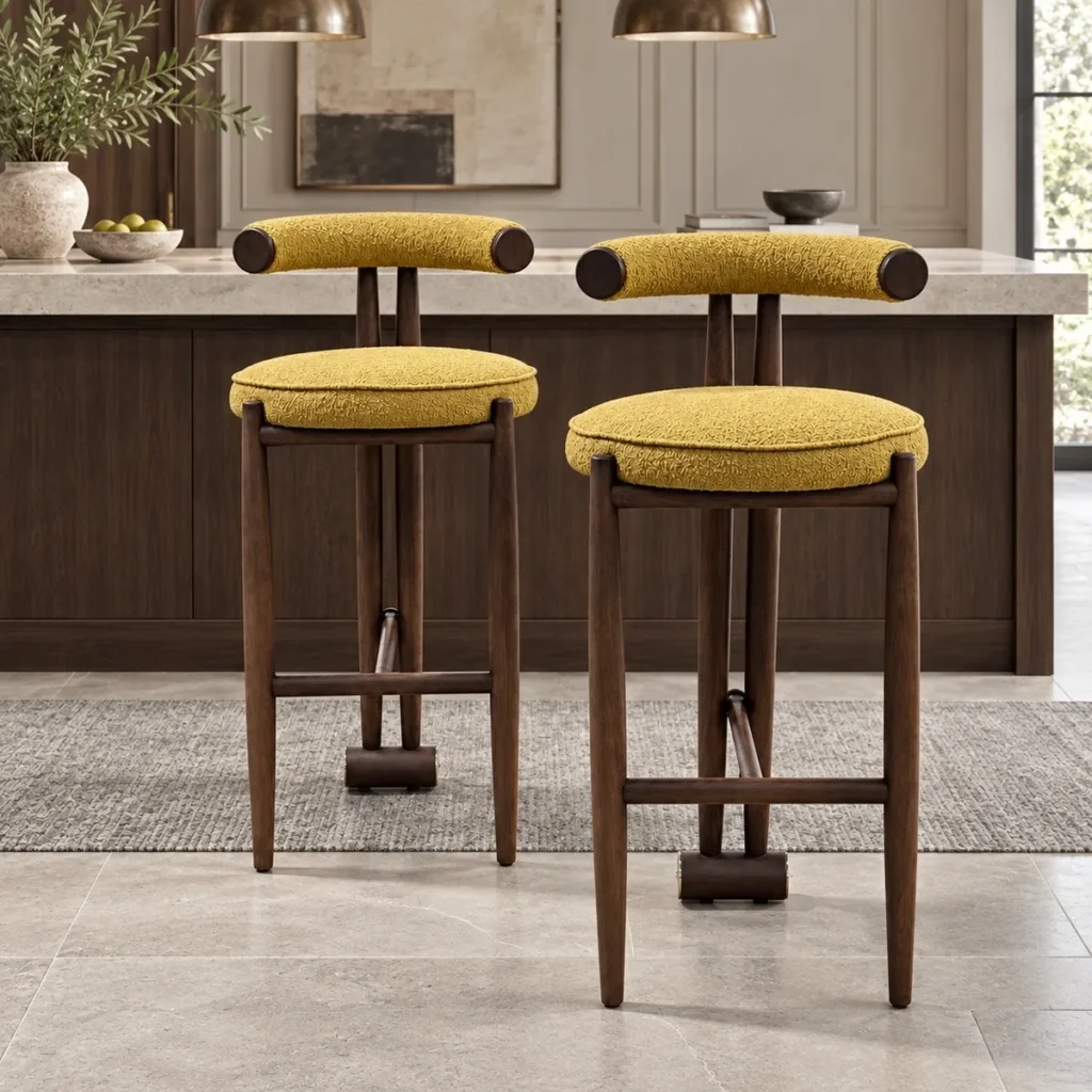 Walnut Bar Stool with Mustard Bouclé Seat and Bolster Back in walnut — front view