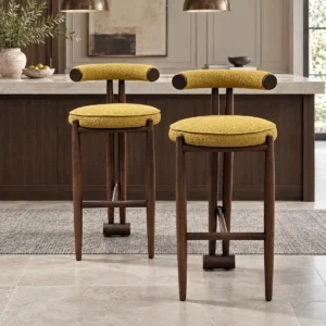 Walnut Bar Stool with Mustard Bouclé Seat and Bolster Back in walnut — front view