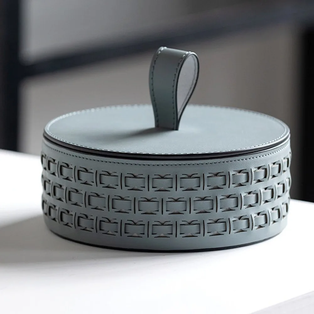 Woven Leather Round Lidded Jewellery Box in slate — front view