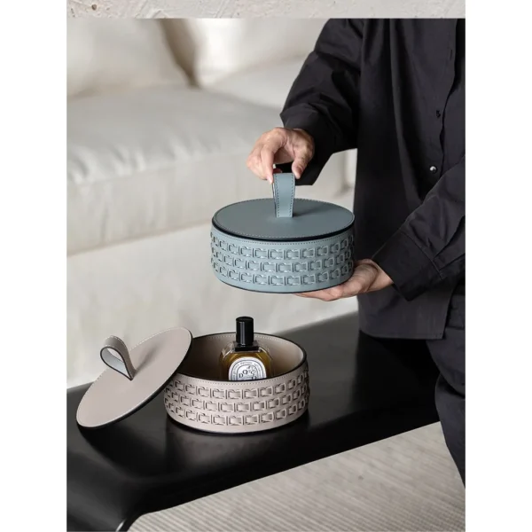 Woven Leather Round Lidded Jewellery Box in slate — in a room setting