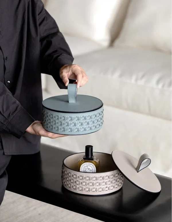 Woven Leather Round Lidded Jewellery Box in slate — in a room setting