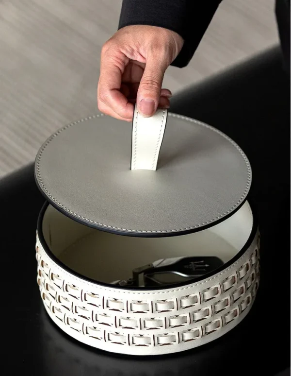 Woven Leather Round Lidded Jewellery Box in slate — in a room setting