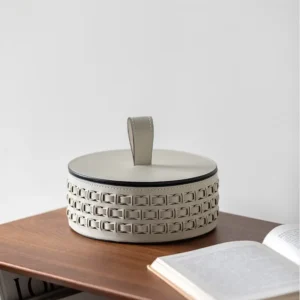 Woven Leather Round Lidded Jewellery Box in slate — in a room setting