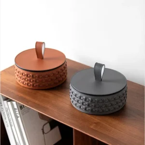 Woven Leather Round Lidded Jewellery Box in slate — in a room setting