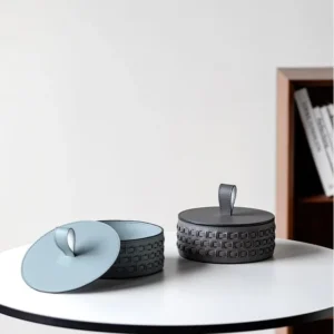 Woven Leather Round Lidded Jewellery Box in slate — in a room setting