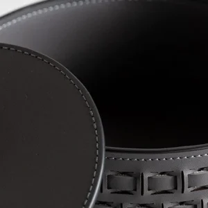 Woven Leather Round Lidded Jewellery Box in slate — in a room setting