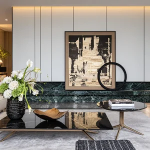 Black and Gold Abstract Wall Art in Slim Frame — front view