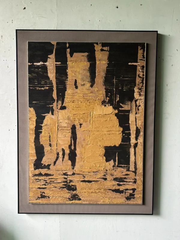 Black and Gold Abstract Wall Art in Slim Frame — in a room setting