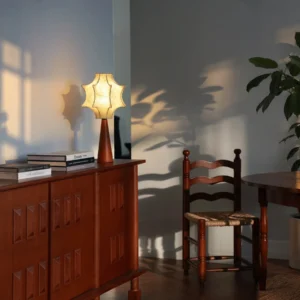 Pleated Paper Star Shade Table Lamp on Wood Base in oatmeal — front view