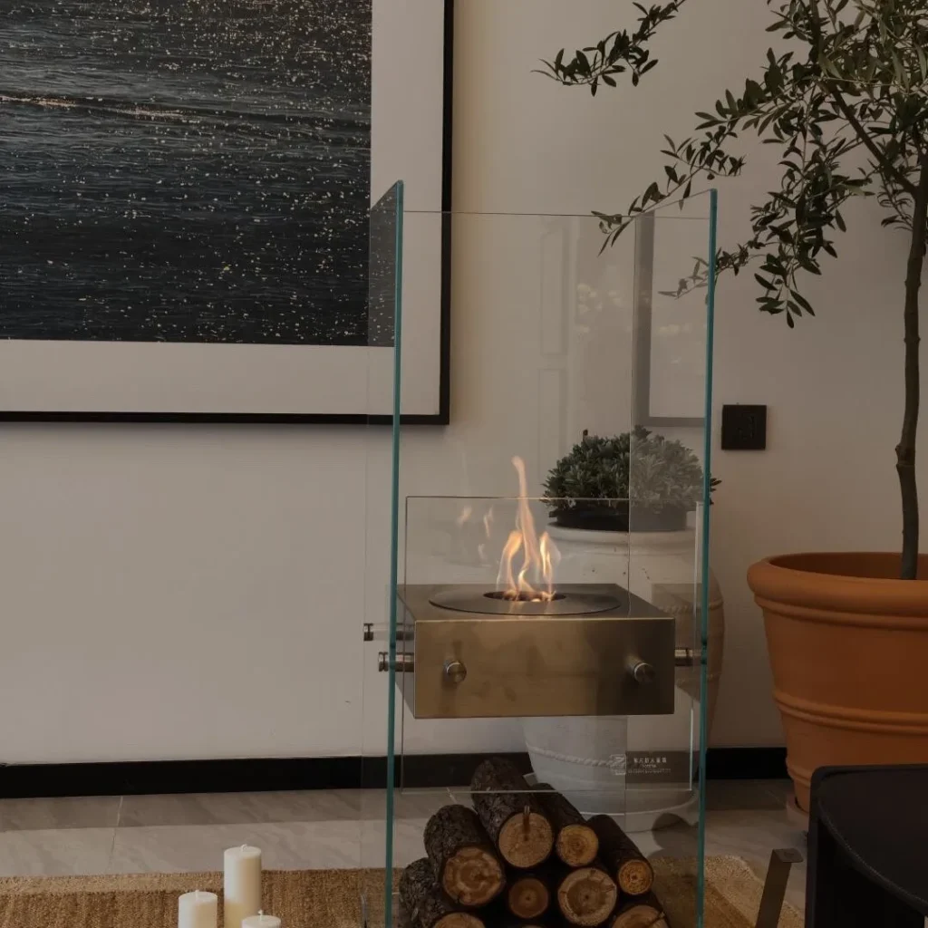 Glass Bio-Ethanol Tabletop Fireplace with Stainless Burner in silver — front view