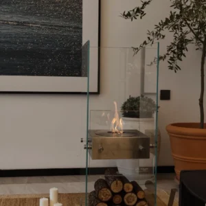 Glass Bio-Ethanol Tabletop Fireplace with Stainless Burner in silver — front view