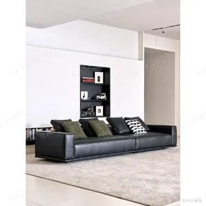 Linear Leather Sofa on Floating Base, 370 cm in black — in a room setting