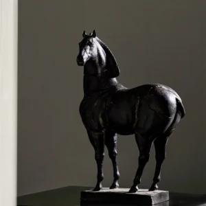 Black Standing Horse Sculpture on Plinth in black — front view