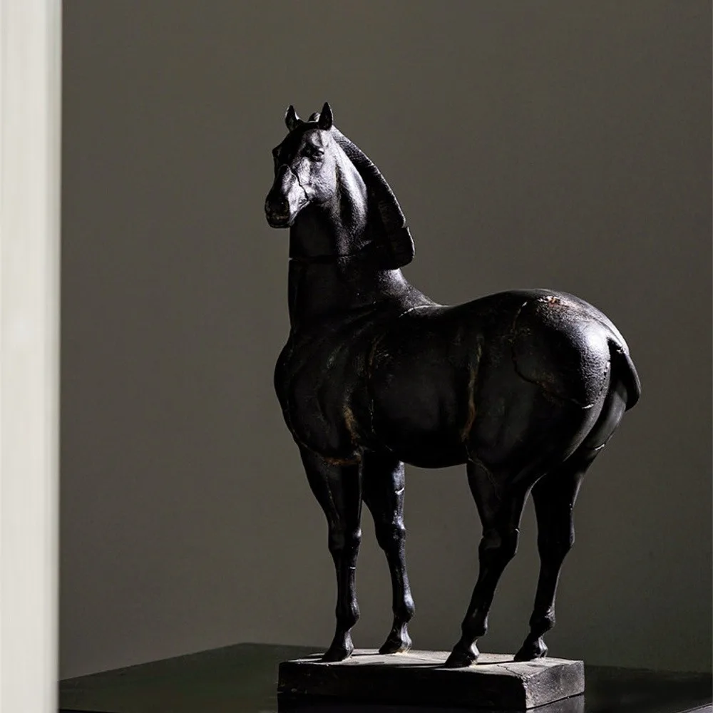 Black Standing Horse Sculpture on Plinth in black — front view