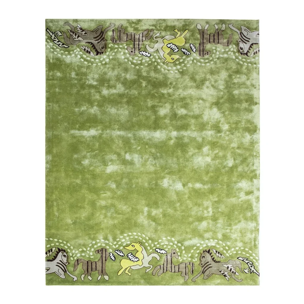 Green Horse Pattern Rug with Playful Border in olive — front view