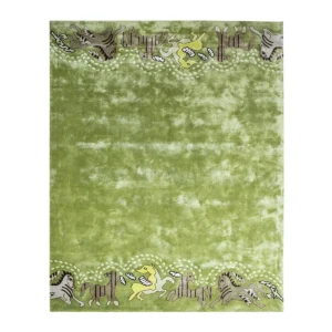 Green Horse Pattern Rug with Playful Border in olive — front view
