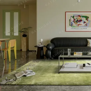 Green Horse Pattern Rug with Playful Border in olive — in a room setting