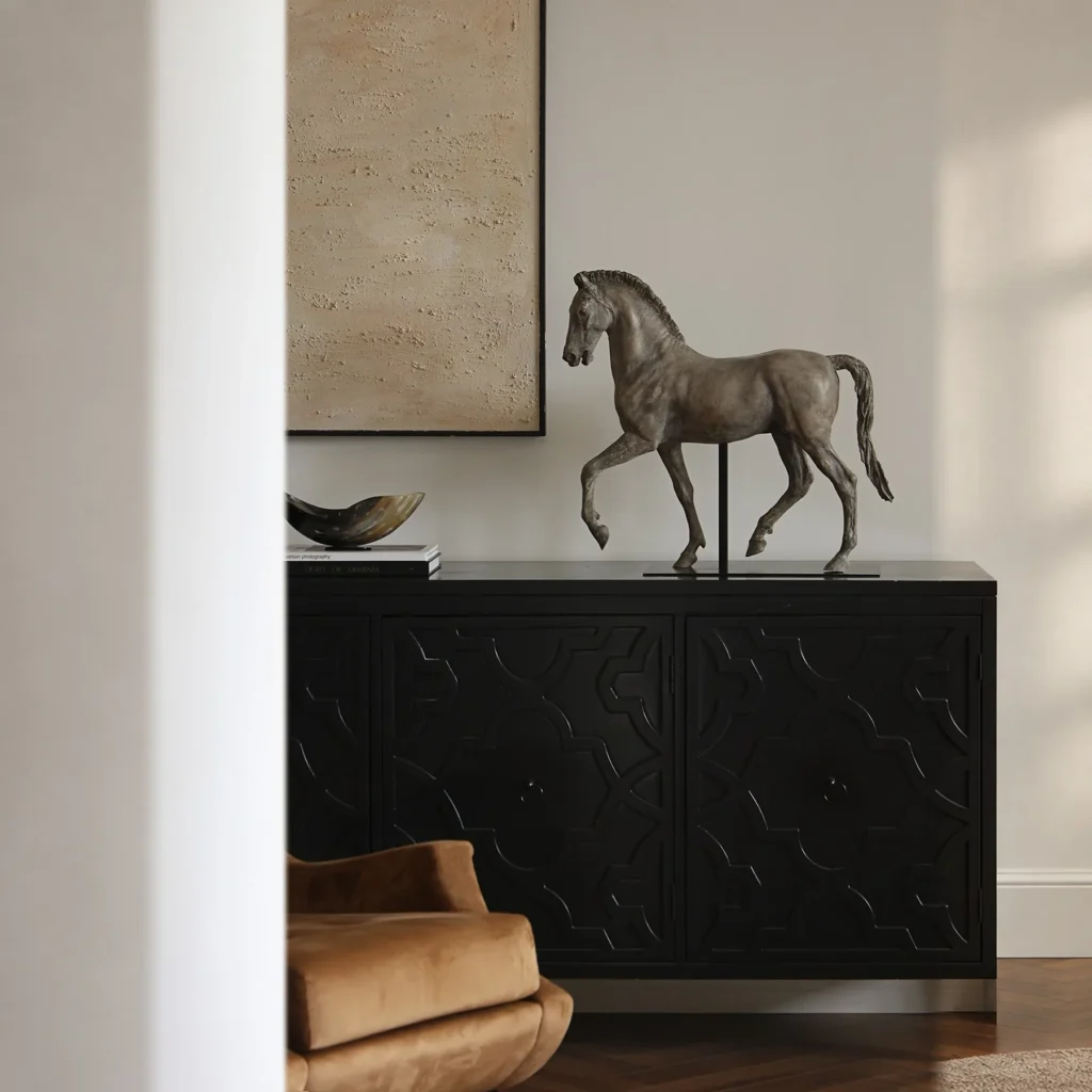 Bronze-Effect Roman Horse Sculpture on Black Metal Stand in bronze — front view