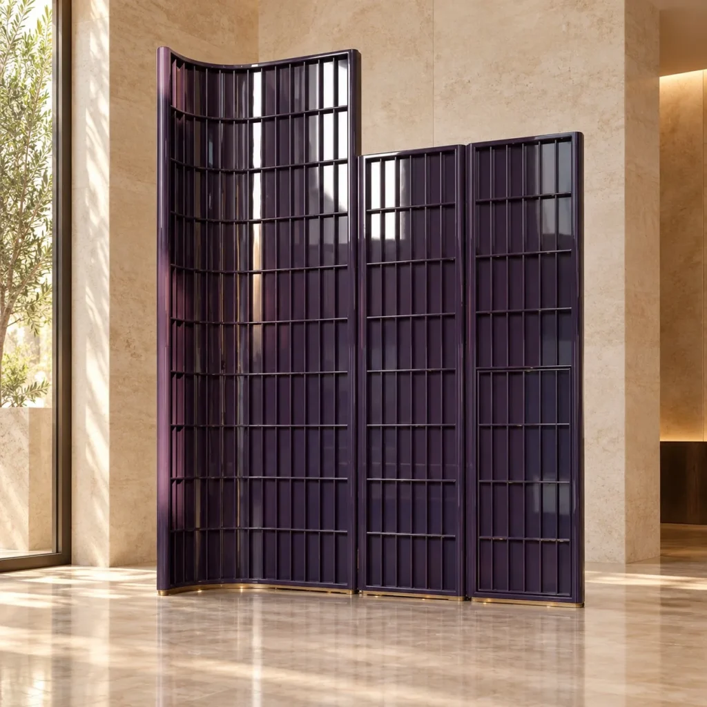 Aubergine Lattice Multi-Panel Hotel Screen in plum — front view