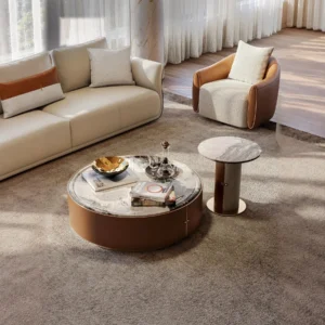 Carson Marble and Leather Coffee Table Set in clay — front view