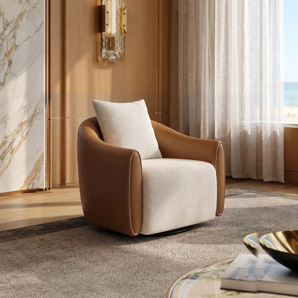 Carson Tan Leather and Cream Bouclé Lounge Chair in clay — front view
