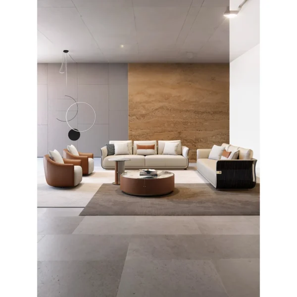 Carson Tan Leather and Cream Bouclé Lounge Chair in clay — in a room setting