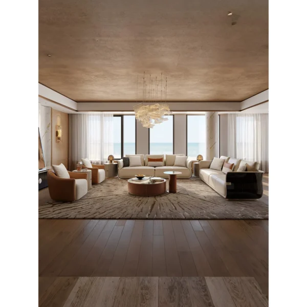 Carson Tan Leather and Cream Bouclé Lounge Chair in clay — in a room setting