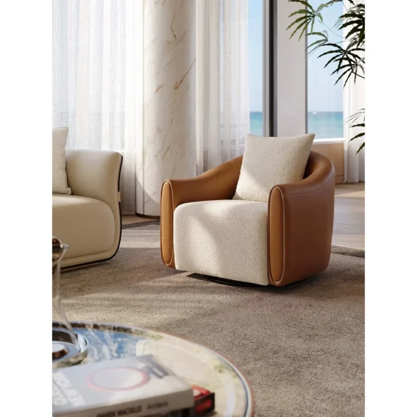 Carson Tan Leather and Cream Bouclé Lounge Chair in clay — in a room setting