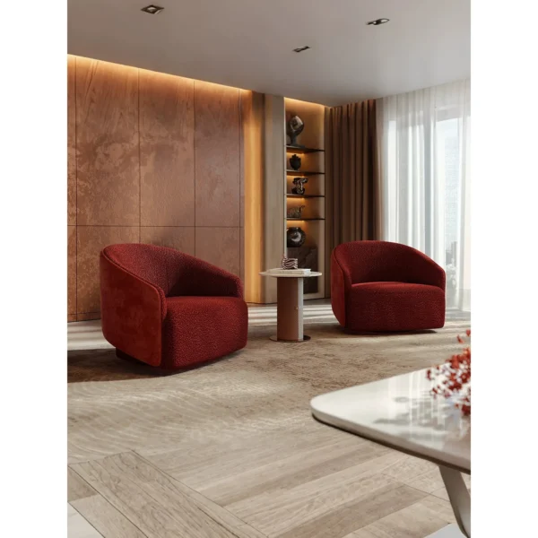 Ruiti Deep Red Two-Tone Swivel Accent Chair in red — in a room setting