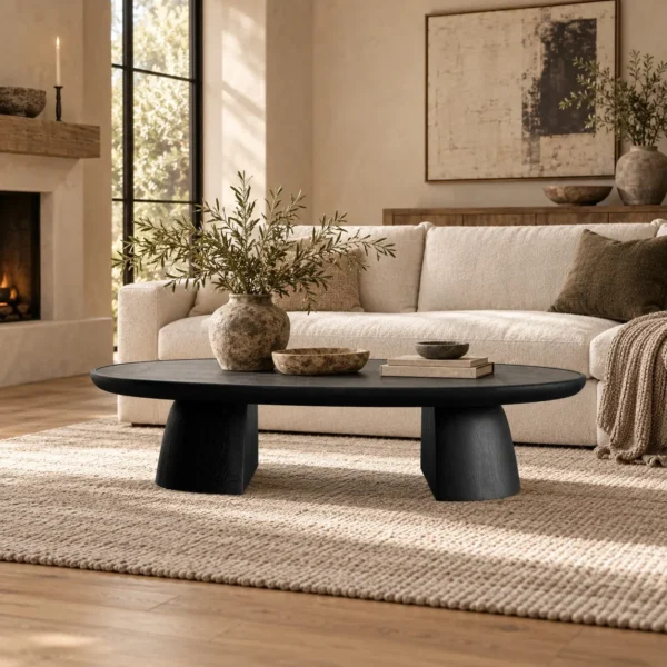 Huajing Round Coffee Table in black — in a room setting