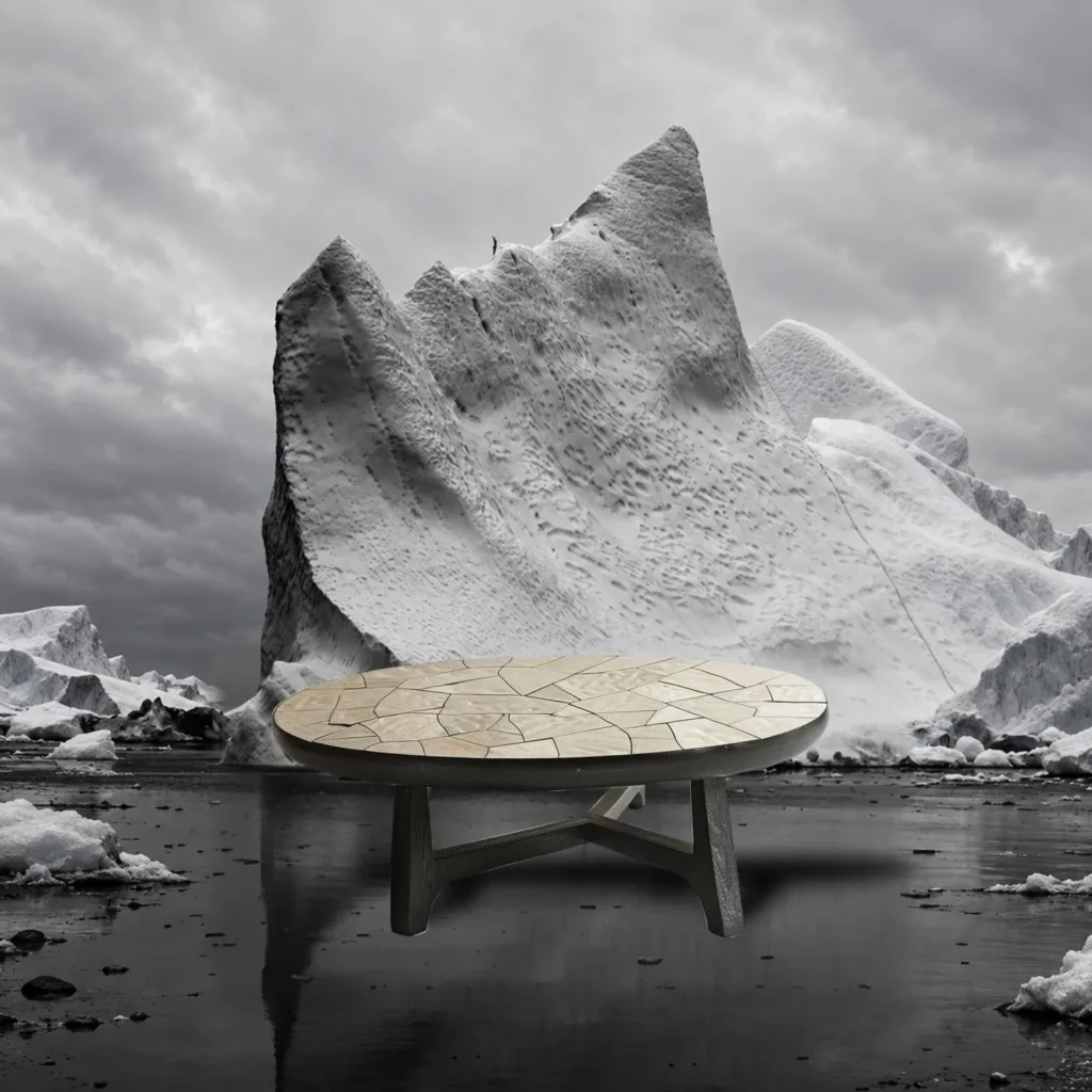Huajing Round Coffee Table with Cracked Stone Mosaic Top in oatmeal — front view