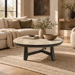Huajing Round Coffee Table with Cracked Stone Mosaic Top in oatmeal — in a room setting