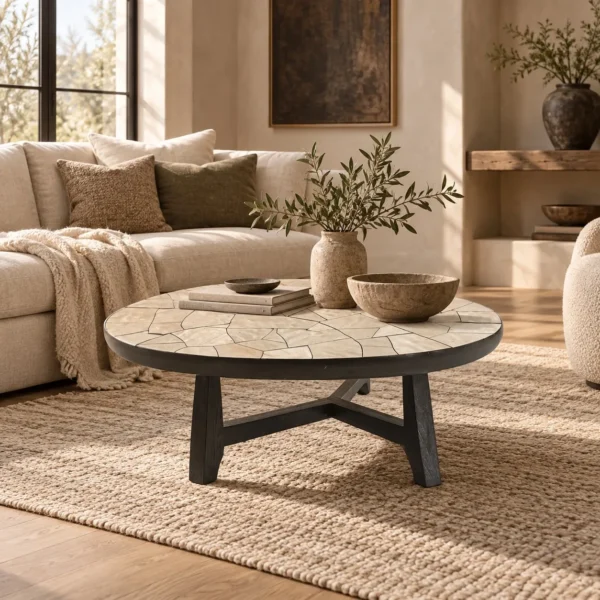 Huajing Round Coffee Table with Cracked Stone Mosaic Top in oatmeal — in a room setting