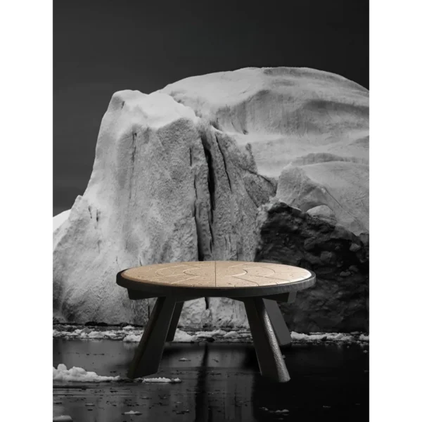 Huajing Round Coffee Table with Cracked Stone Mosaic Top in oatmeal — in a room setting